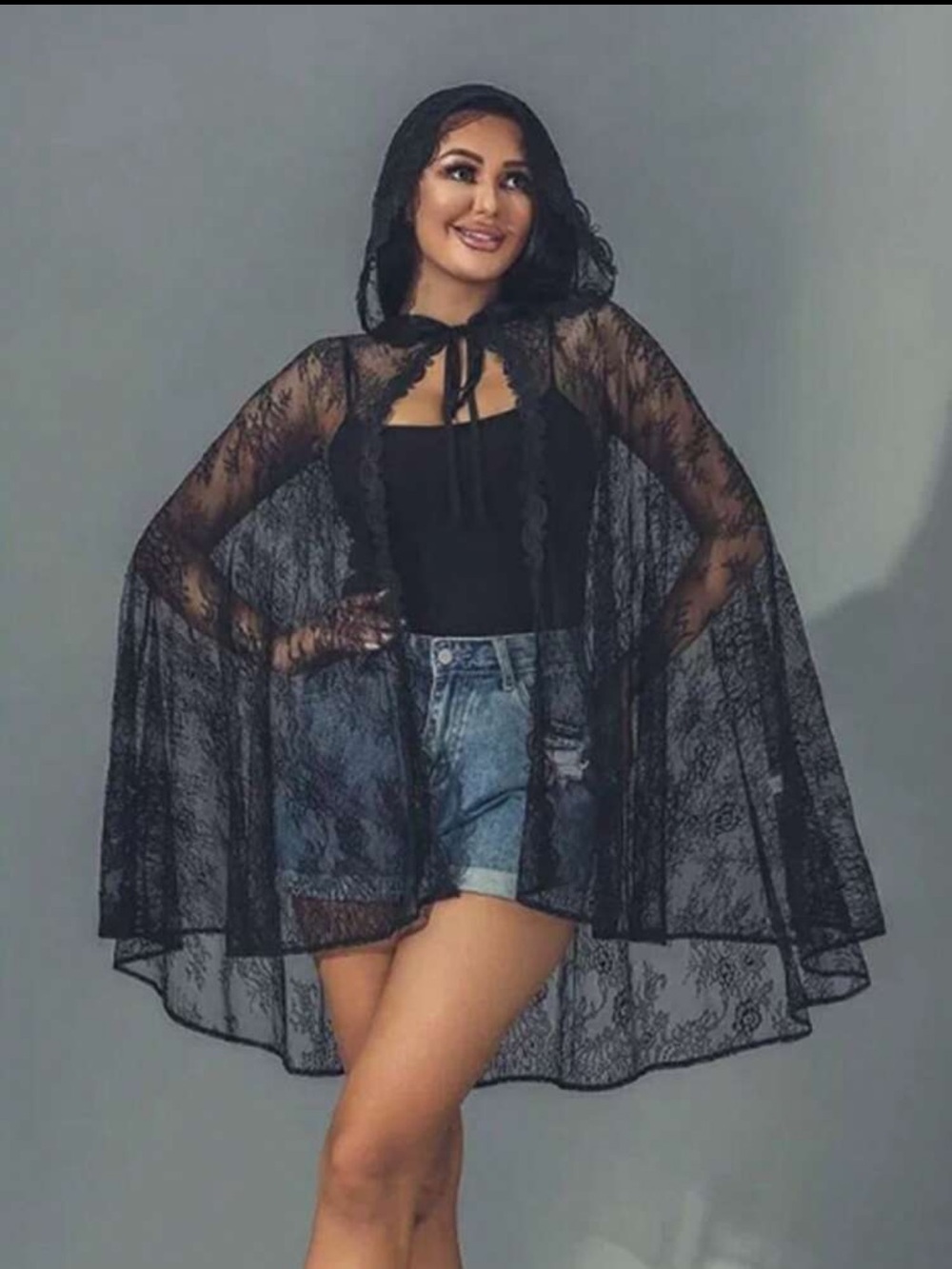 Black Lace Hooded Cape Sweater - Women's Sheer Knit Cover-Up - New